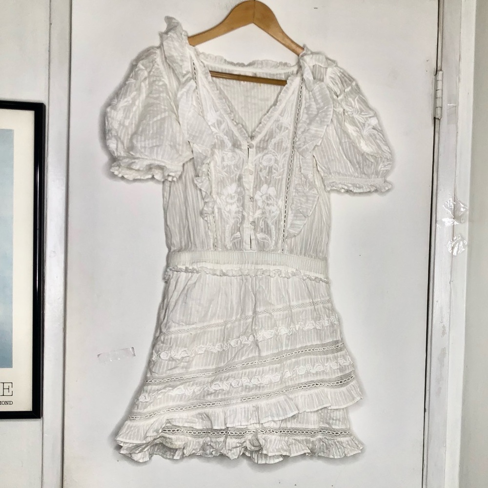 LoveShackFancy • White Embroidered Eyelet Ruffled Puffy Sleeves Mini Dress